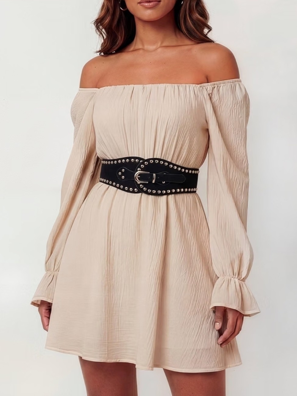 Studded Velvet Waist Velvet-Touch Panel Dome Stud Trim Adjustable BELT (L:31.9")
